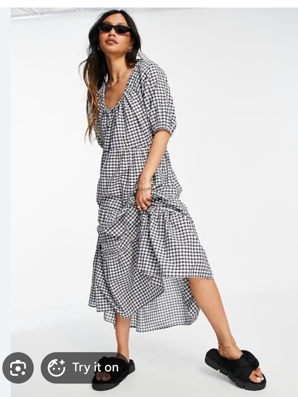 Mango Black and White Gingham Midi Dress